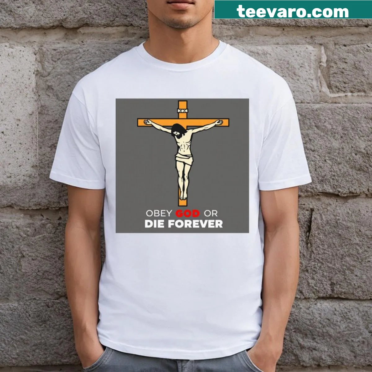 Illustrated T-shirt depicting Jesus on the cross — on a men's t-shirt