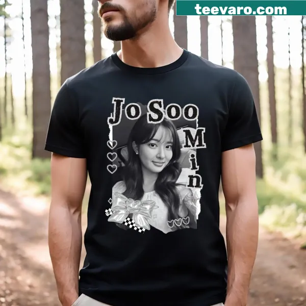 T-shirt with a black and white collage design of Jo Soo Min