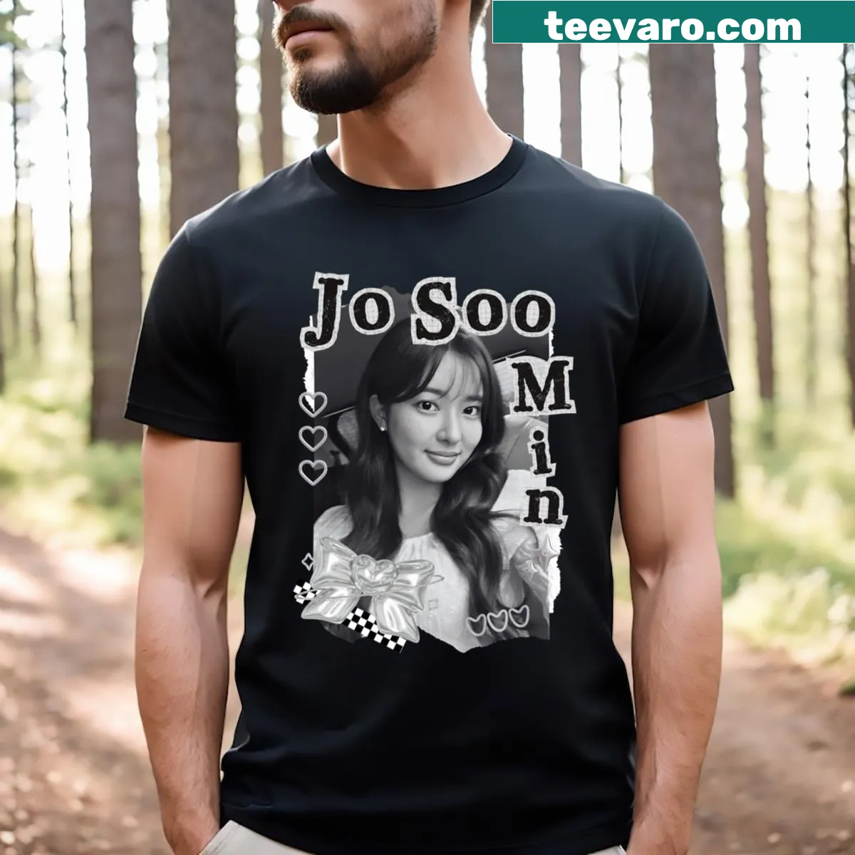T-shirt with a black and white collage design of Jo Soo Min — on a men's t-shirt