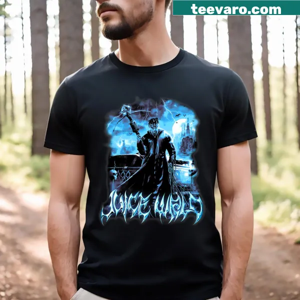 T-shirt with the phrase Juice The Party Never Ends in fun typography