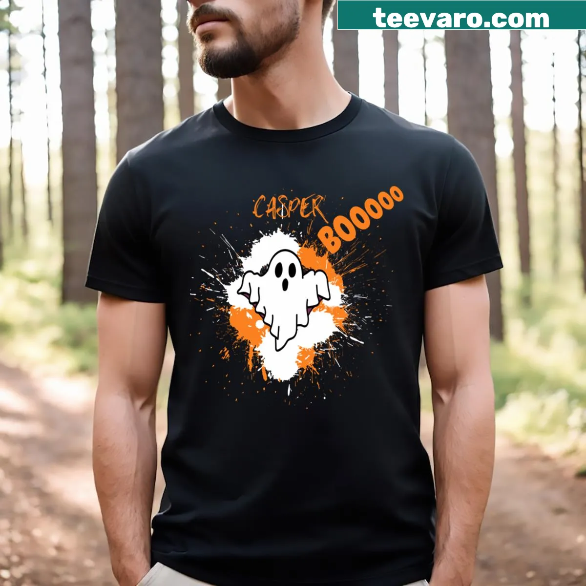 T-shirt featuring a playful ghost named Kasper and the phrase On A Mission Boooo — on a men's t-shirt