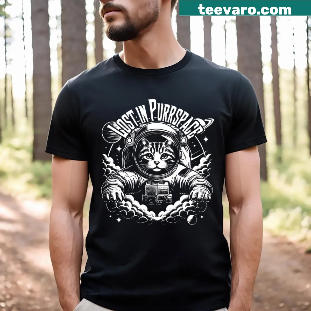 Whimsical t-shirt with 'Lost In Purrspace' text and cat graphics — on a men's t-shirt