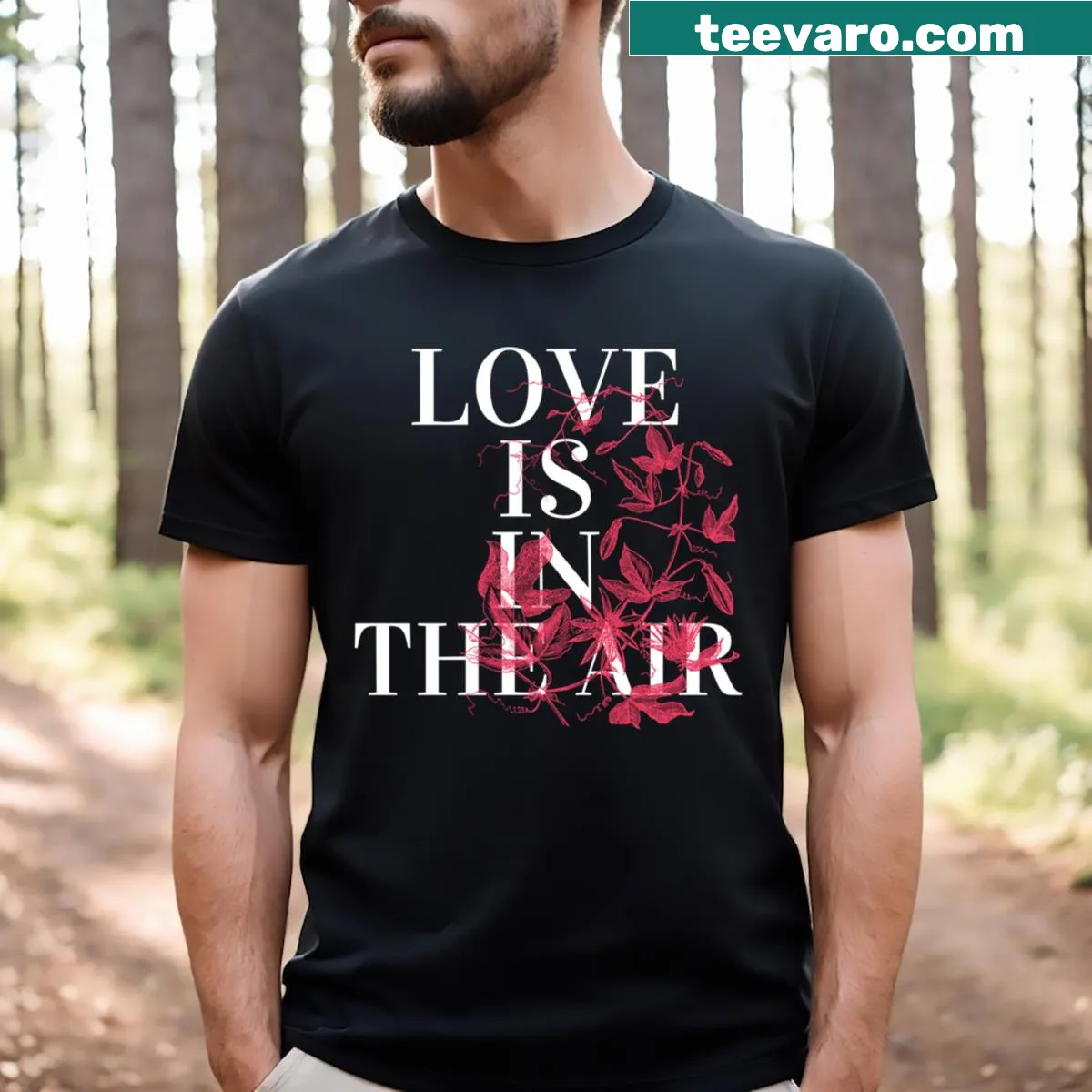 T-shirt with the phrase Love Is In The Air in playful graphics — on a men's t-shirt