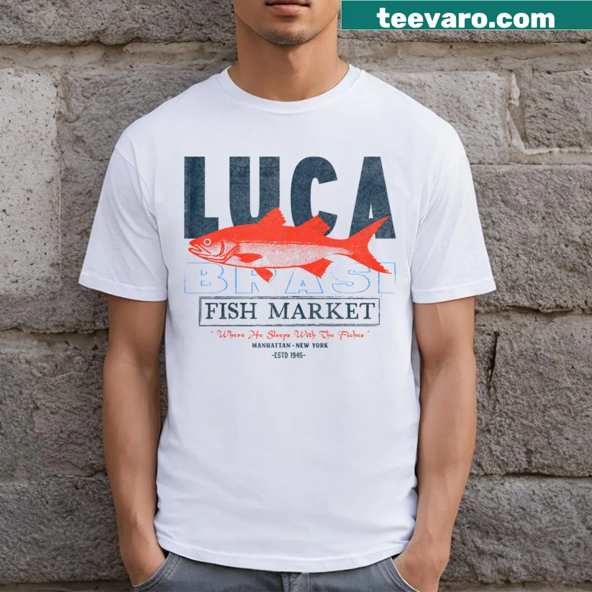 Nostalgic T-shirt featuring Luca Brasi Fish Market from 1945 — on a men's t-shirt