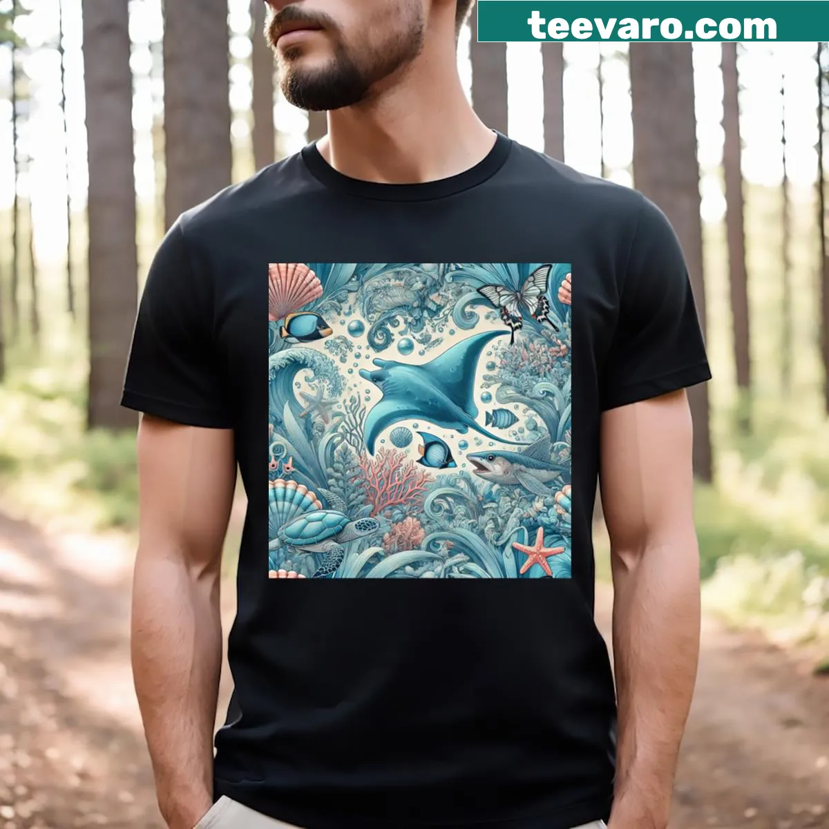 Playful pastel manta ray design on T-shirt celebrating marine life — on a men's t-shirt
