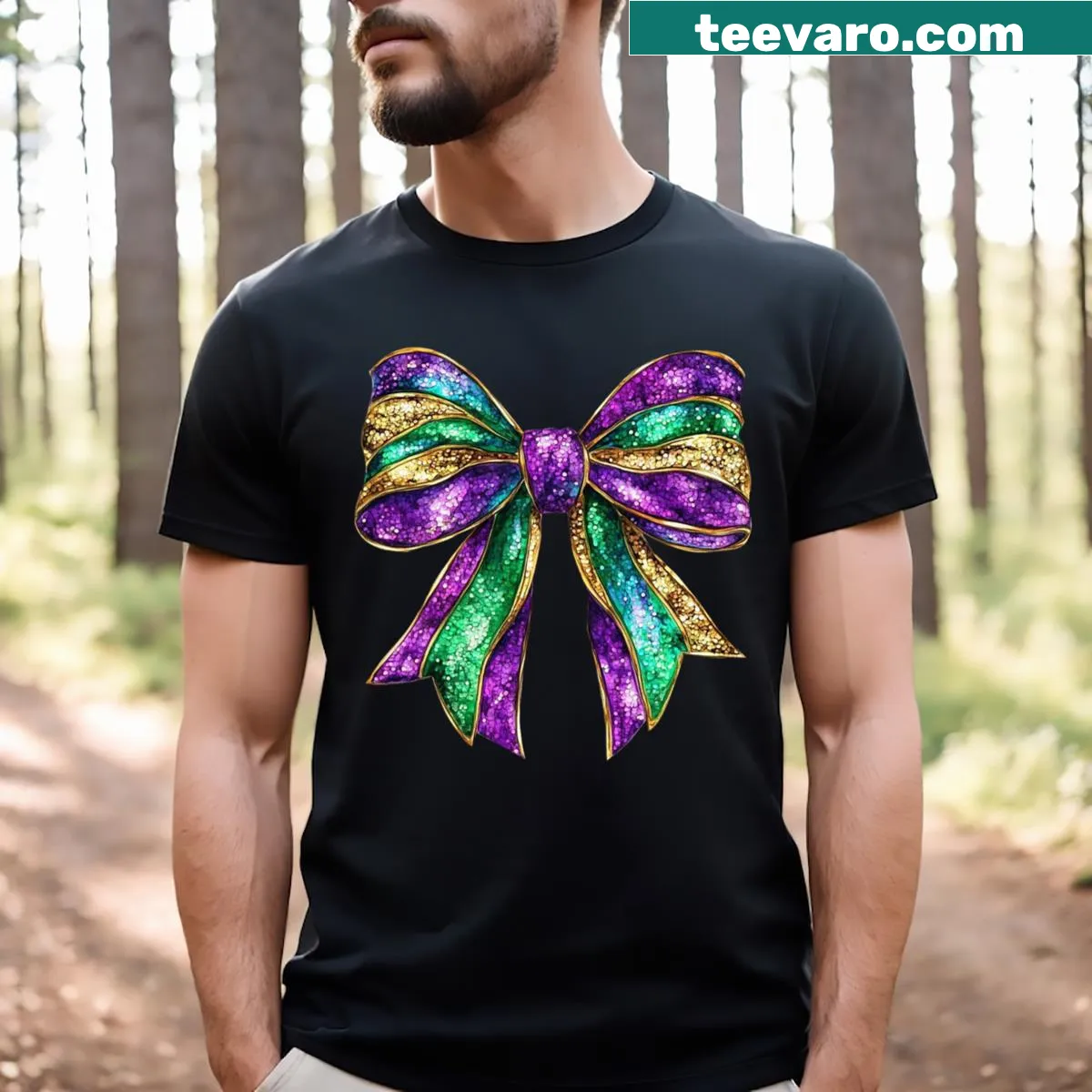 Kids Mardi Gras T-shirt with cartoon bow for Fat Tuesday — on a men's t-shirt