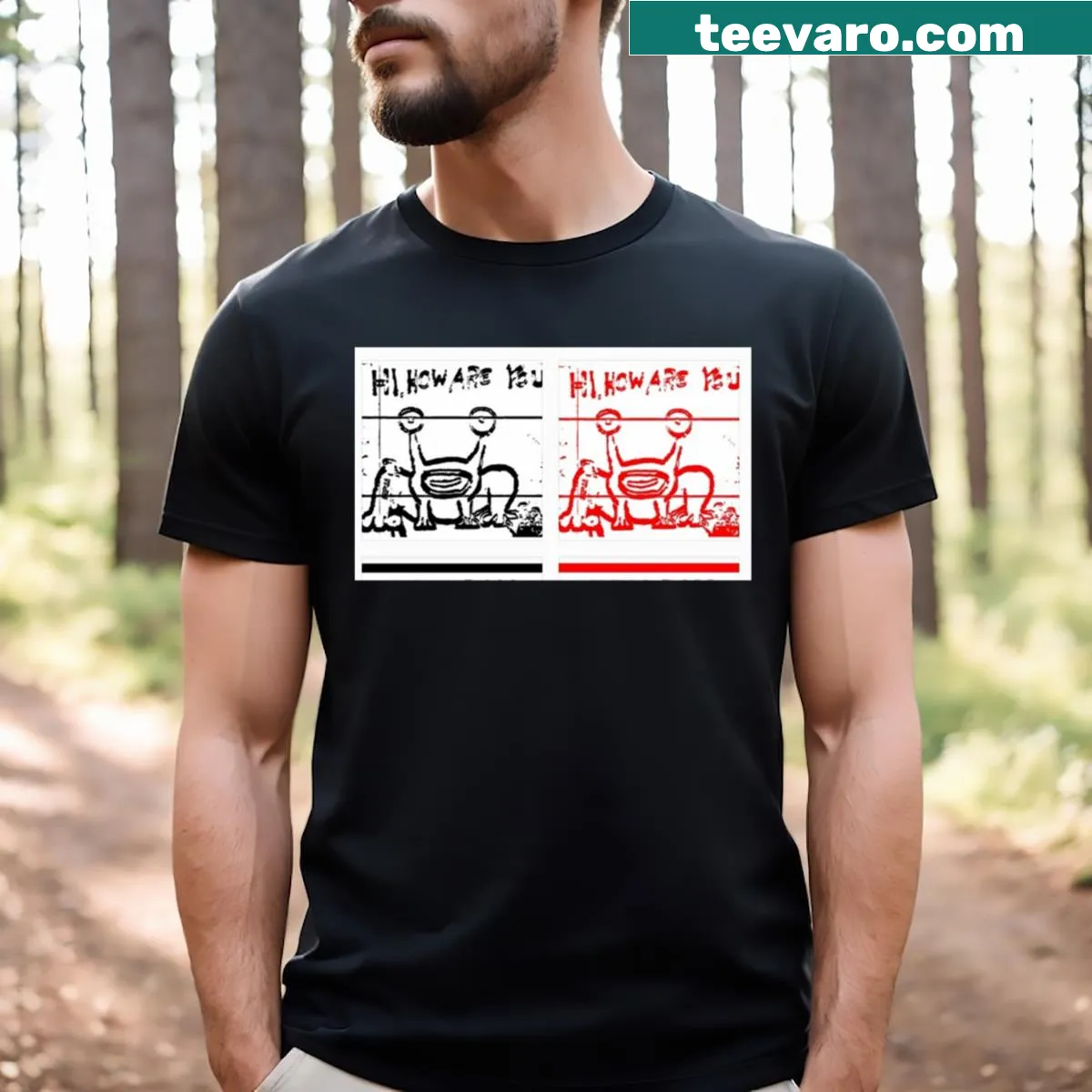 Playful alien graphic T-shirt with greeting text — on a men's t-shirt