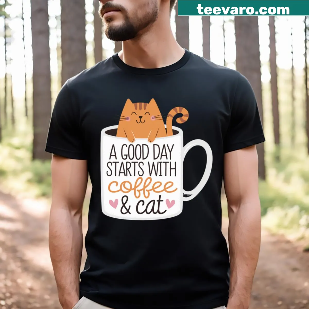 Cute cat-themed T-shirt with orange cat and coffee illustration — on a men's t-shirt