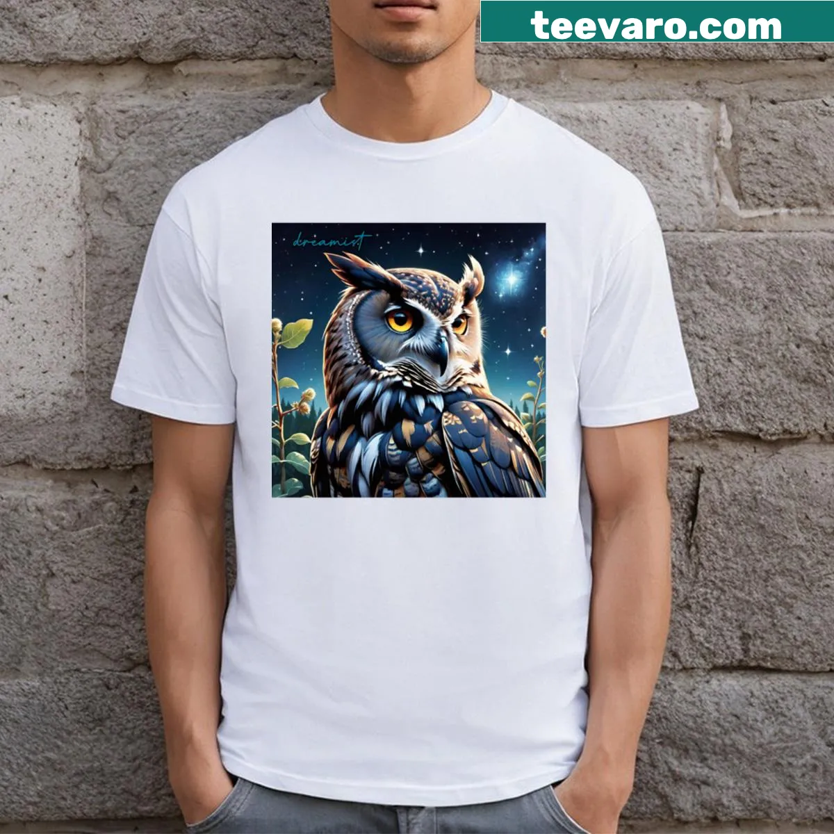 Illustrated owl design on a night-themed t-shirt — on a men's t-shirt