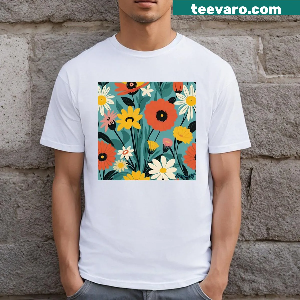 Illustrated T-shirt featuring painted flowers design — on a men's t-shirt