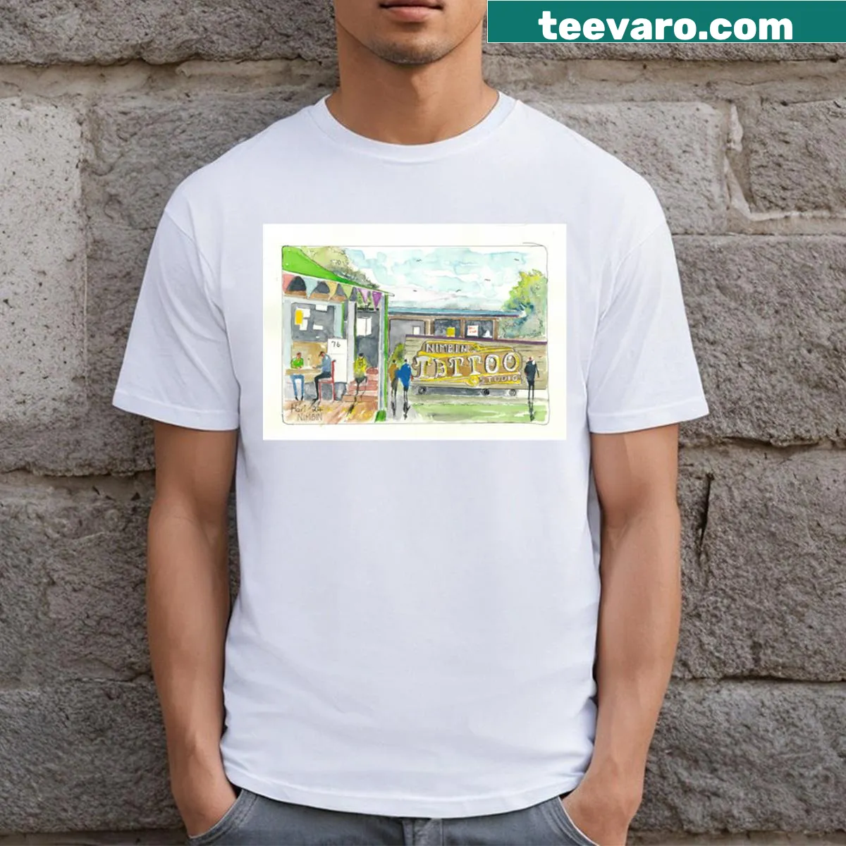 T-shirt featuring an illustration of Nimbin Tattoo Studio — on a men's t-shirt