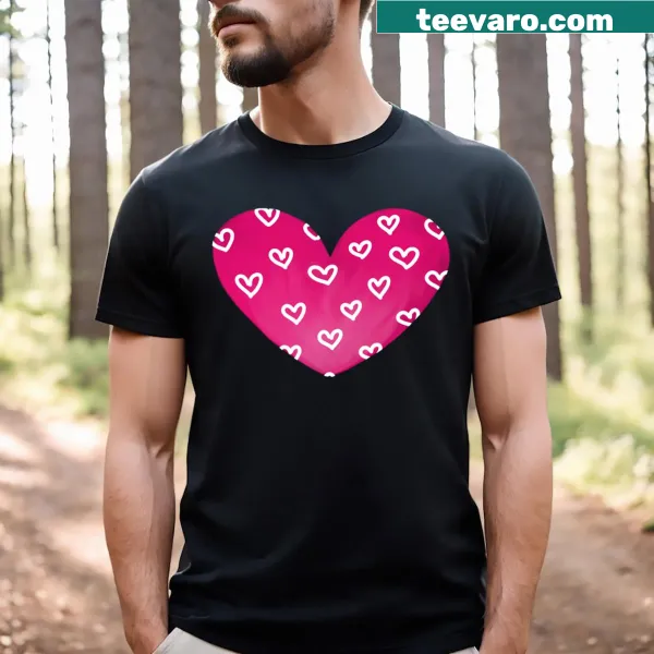 Black T-shirt with pink and white patterned hearts design