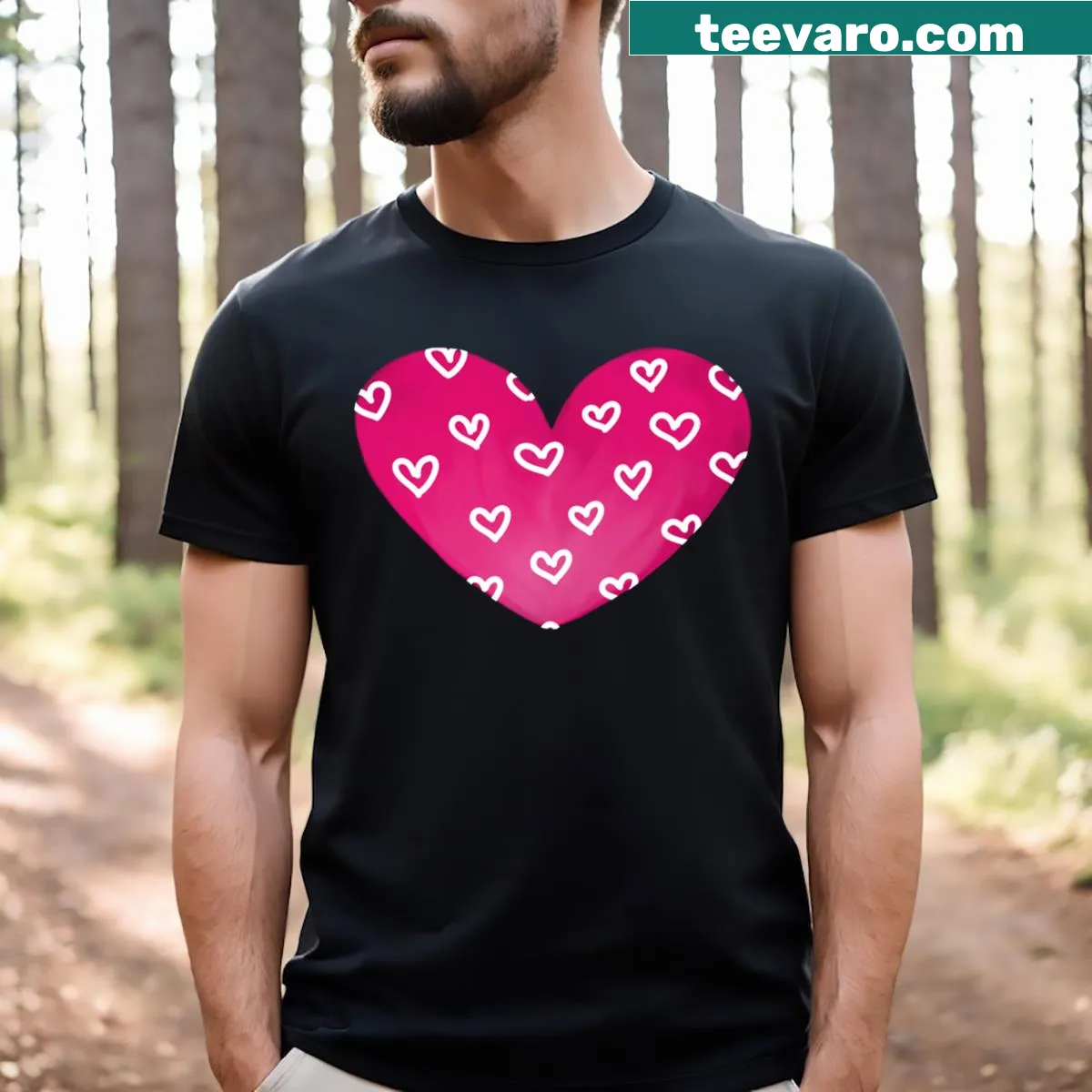 Black T-shirt with pink and white patterned hearts design — on a men's t-shirt
