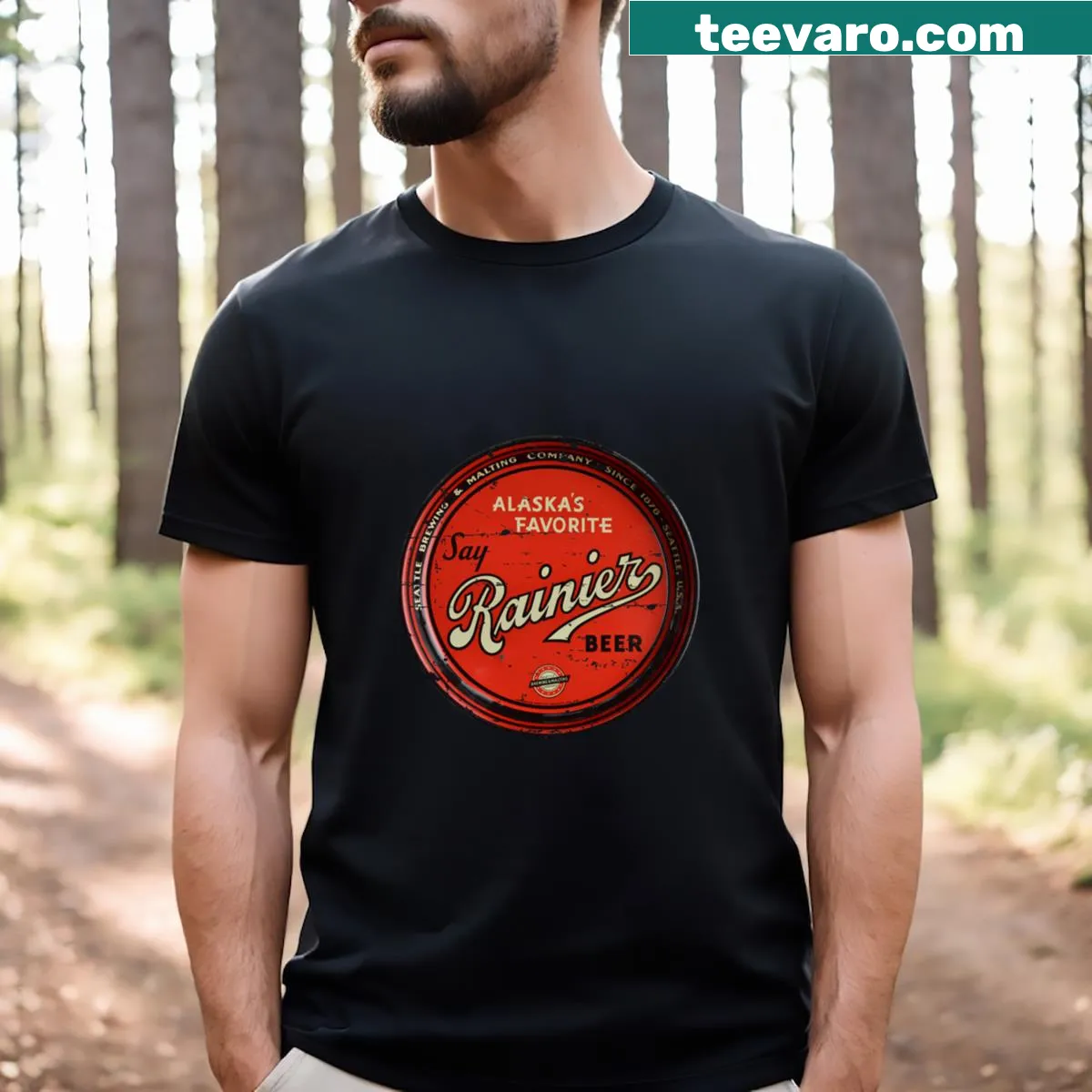 T-shirt featuring humorous Rainier Beer tray illustration — on a men's t-shirt