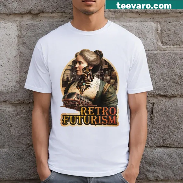 Vintage sci-fi art graphic T-shirt with a retro futurism theme.