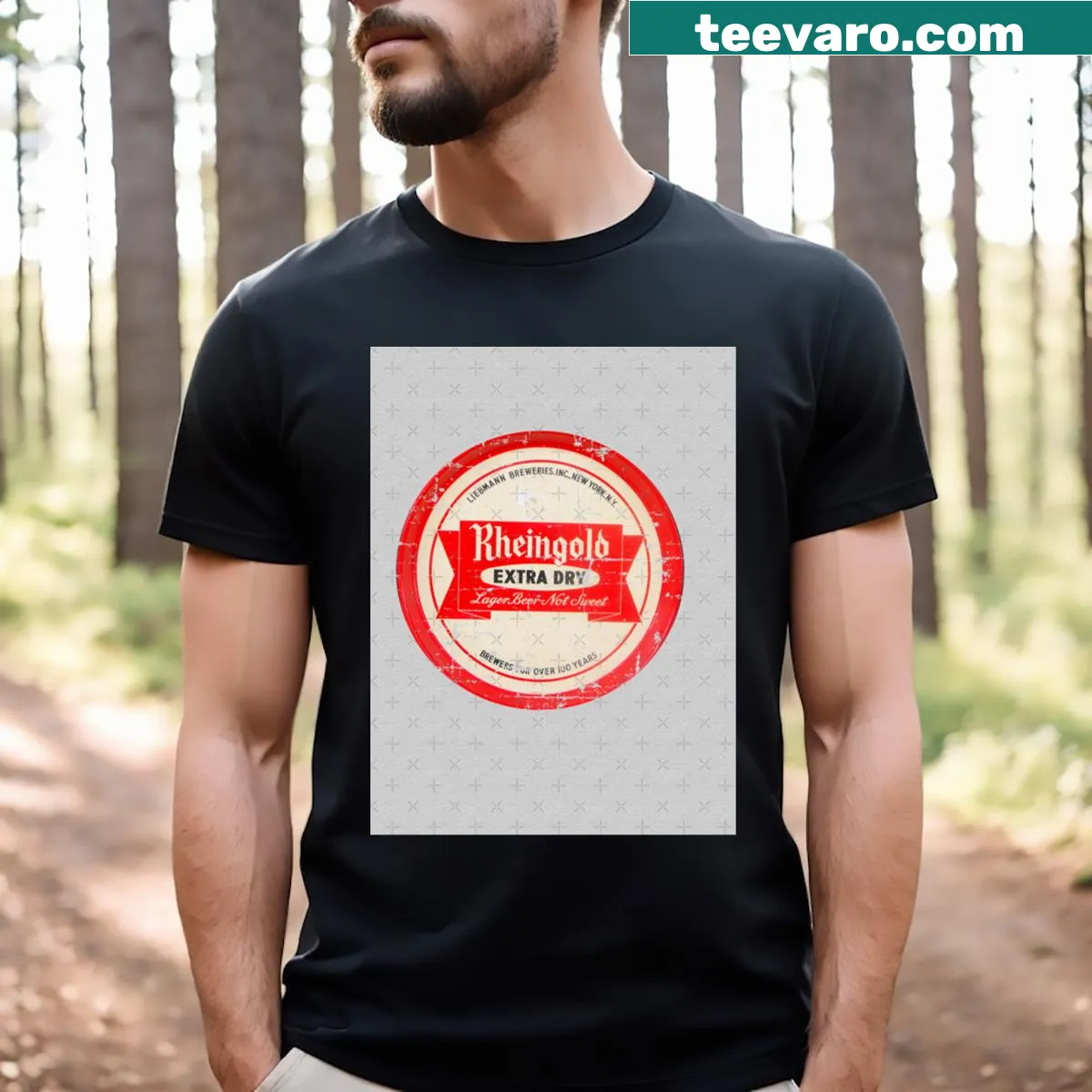Vintage-style T-shirt inspired by Rheingold Beer trays — on a men's t-shirt