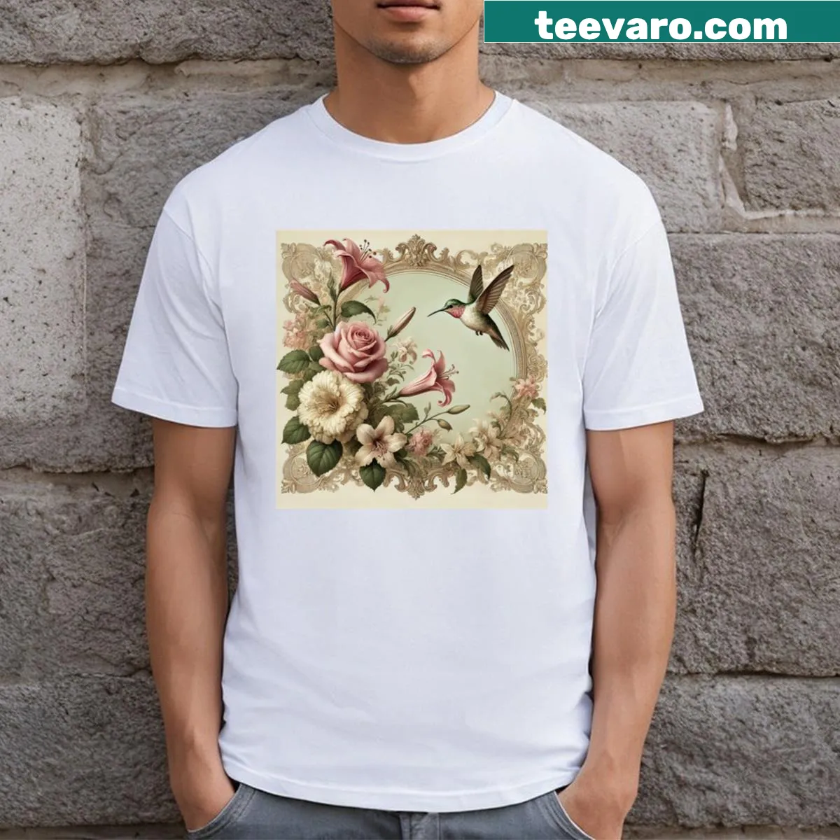Vintage T-shirt with hummingbird and floral illustration — on a men's t-shirt