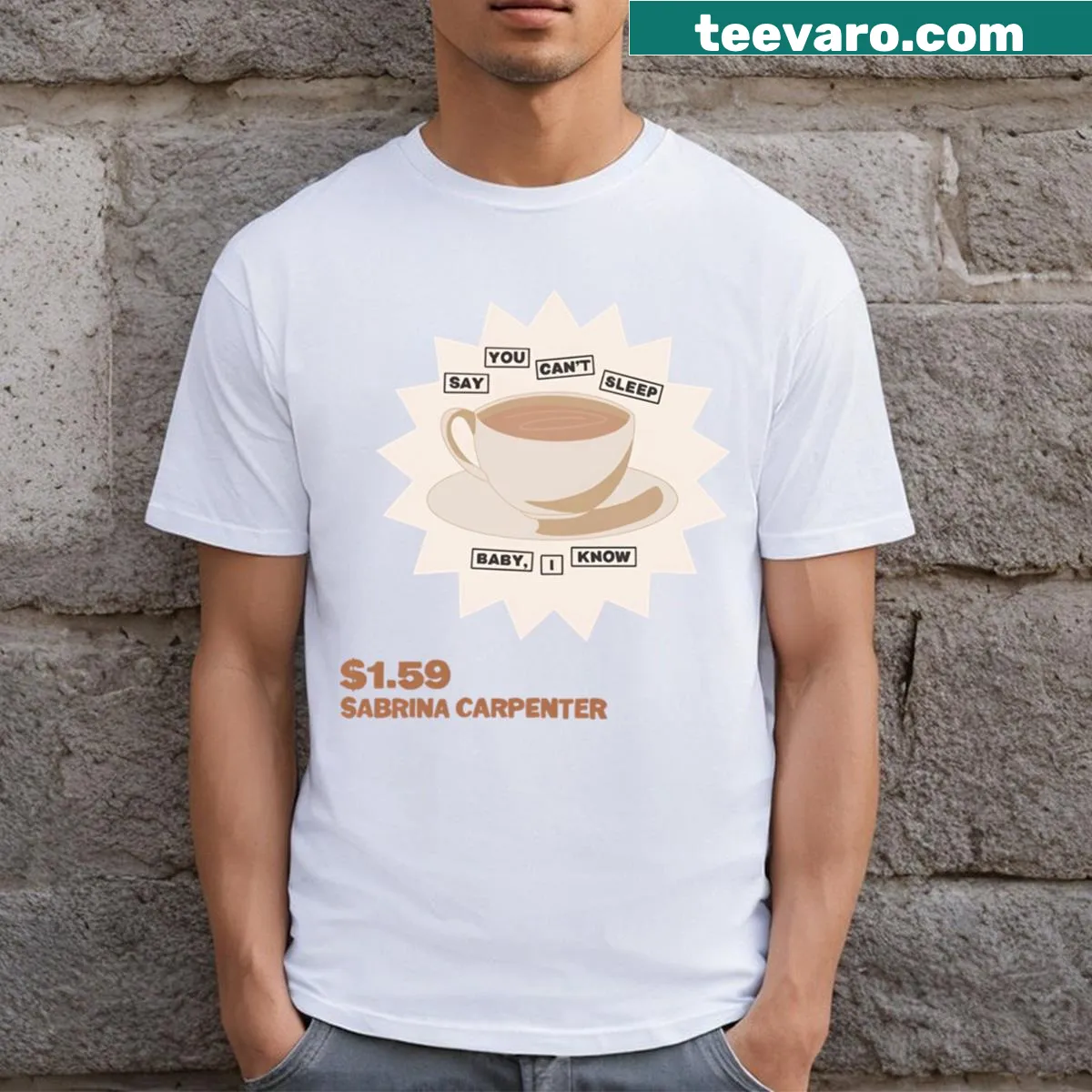 Sabrina Carpenter Coffee T-shirt featuring a fun graphic — on a men's t-shirt