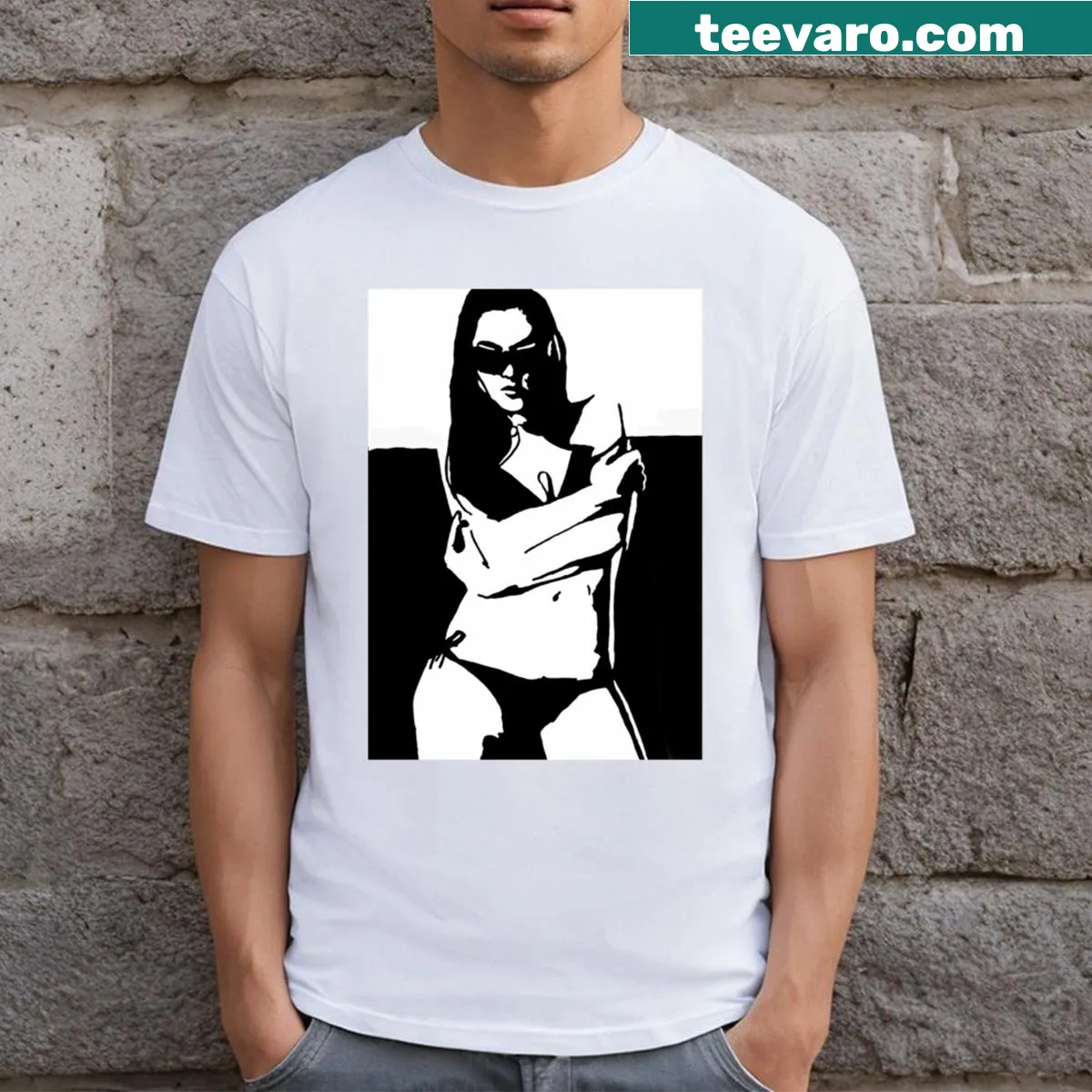 T-shirt featuring playful bikini illustration — on a men's t-shirt