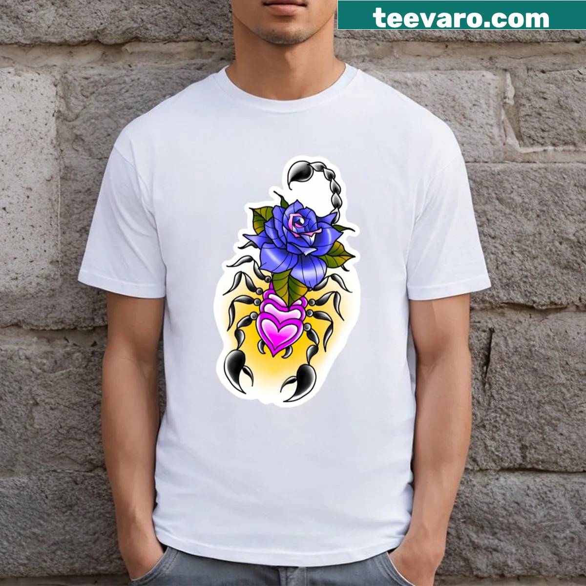 T-shirt featuring scorpion tattoo design with roses and hearts — on a men's t-shirt