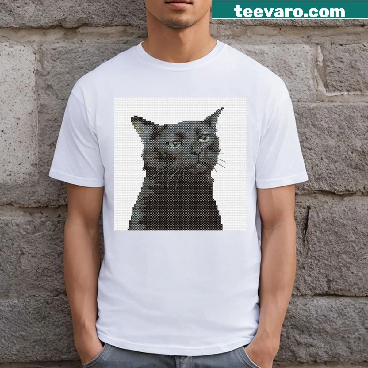 Digital art T-shirt featuring a serious cat design — on a men's t-shirt