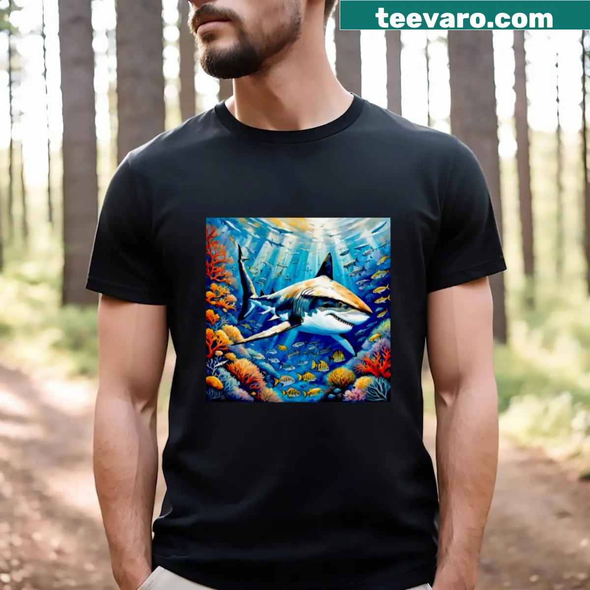Illustration of sharks and corals on T-shirt — on a men's t-shirt