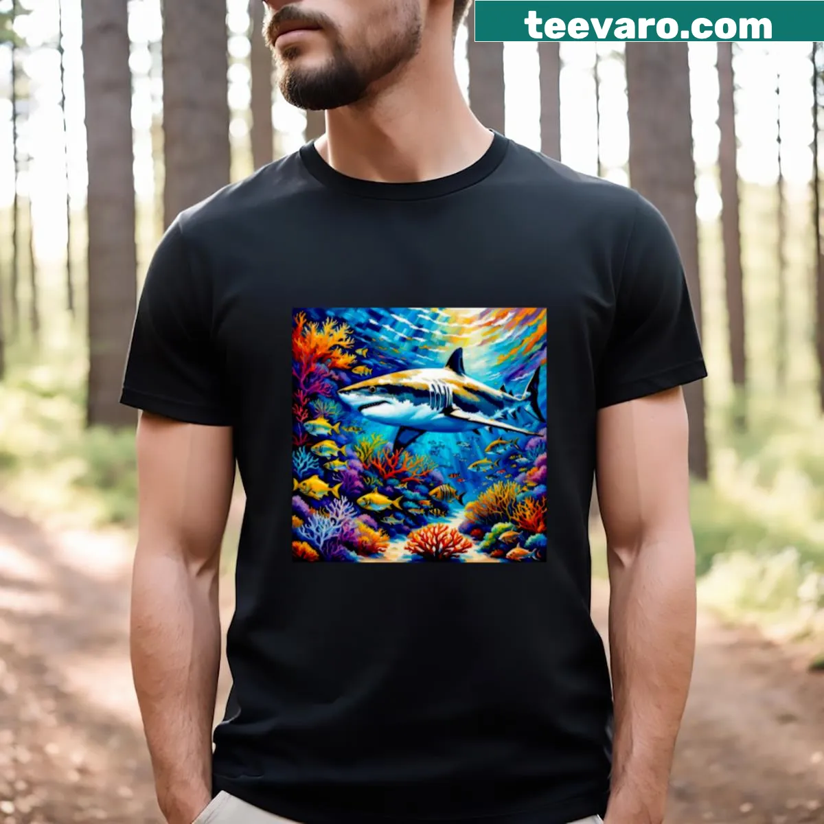 T-shirt with playful shark jaws and corals illustration — on a men's t-shirt