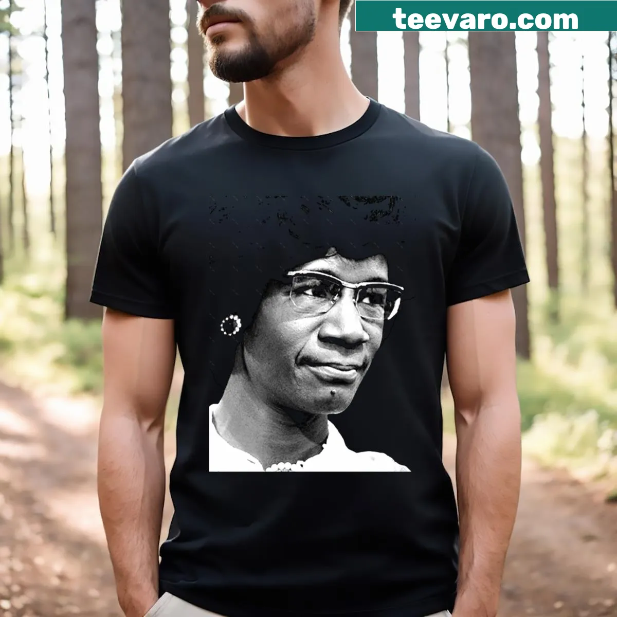 Shirley Chisholm graphic on a dark background — on a men's t-shirt