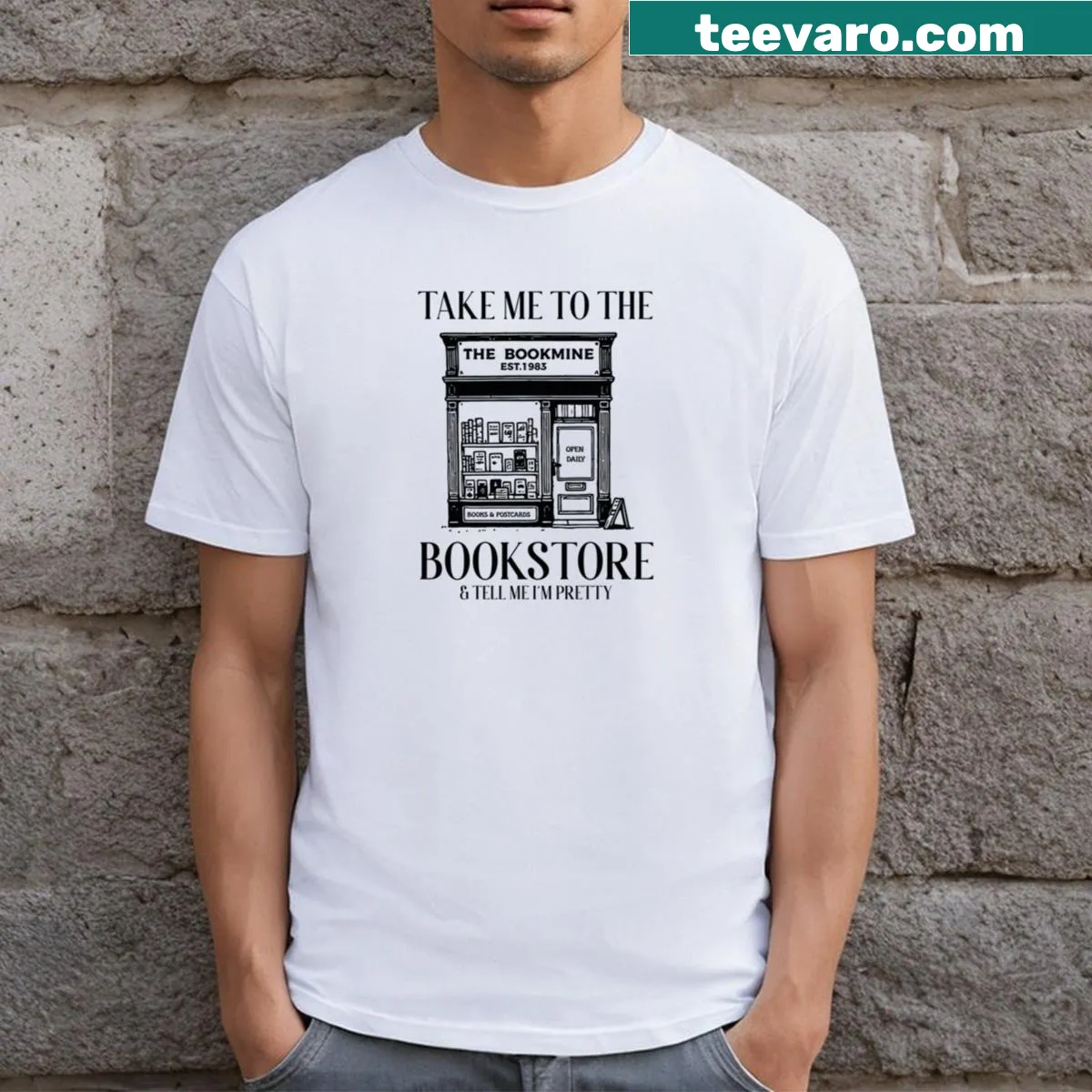 Playful T-shirt with the phrase about bookstores and beauty — on a men's t-shirt