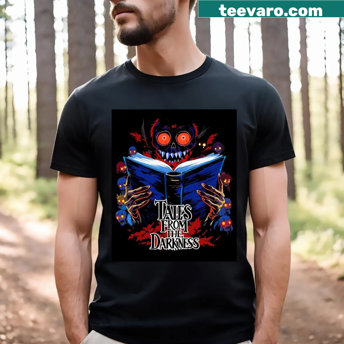 Graphic with the phrase Tales From The Darkness on a T-shirt — on a men's t-shirt
