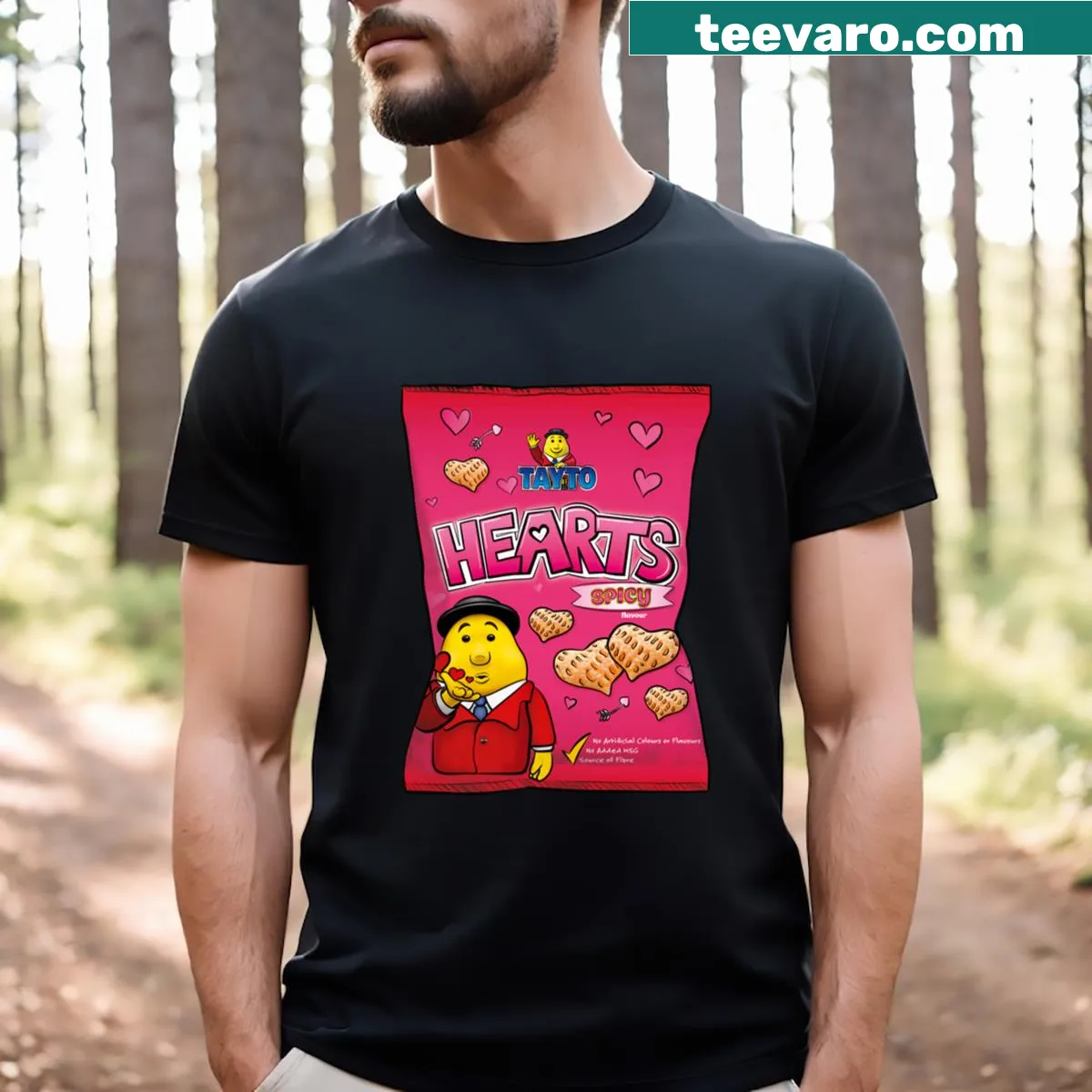 Playful T-shirt featuring Tayto crisps and hearts illustration — on a men's t-shirt