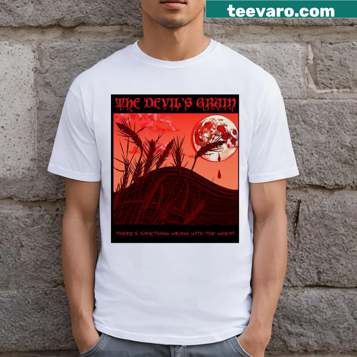 Illustrative design of The Devil's Grain gluten-free horror T-shirt — on a men's t-shirt