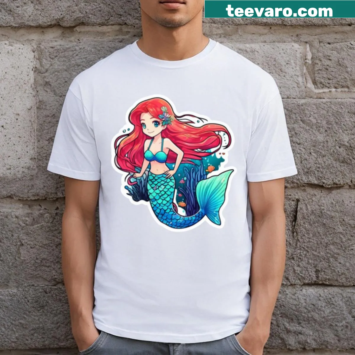 Mermaid design surrounded by corals — on a men's t-shirt