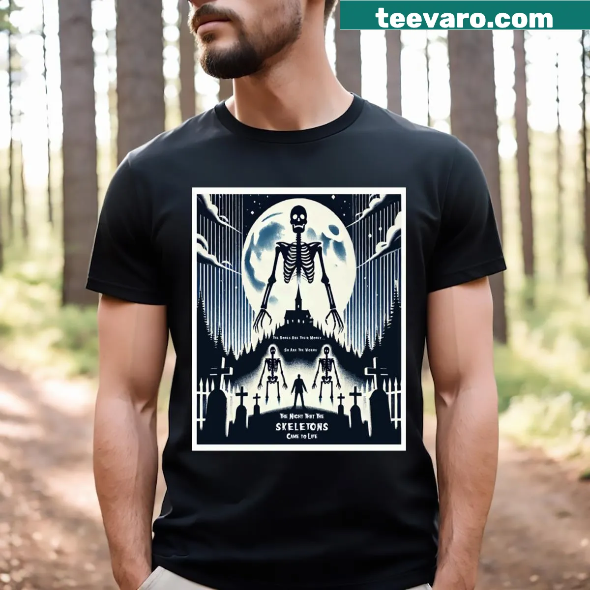 Playful skeleton illustration for Halloween T-shirt — on a men's t-shirt