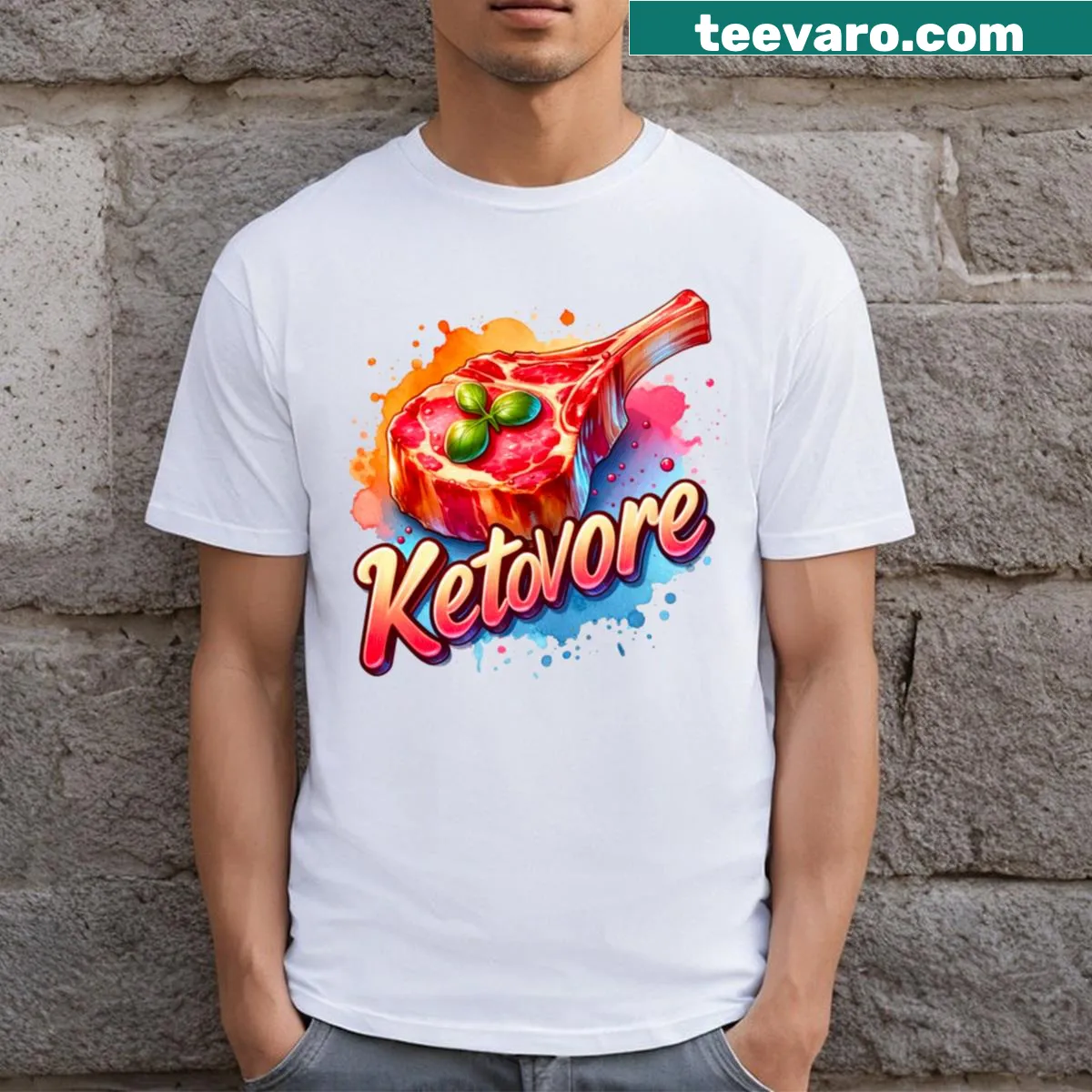 Illustrated t-shirt featuring a tomahawk steak for Ketovores — on a men's t-shirt