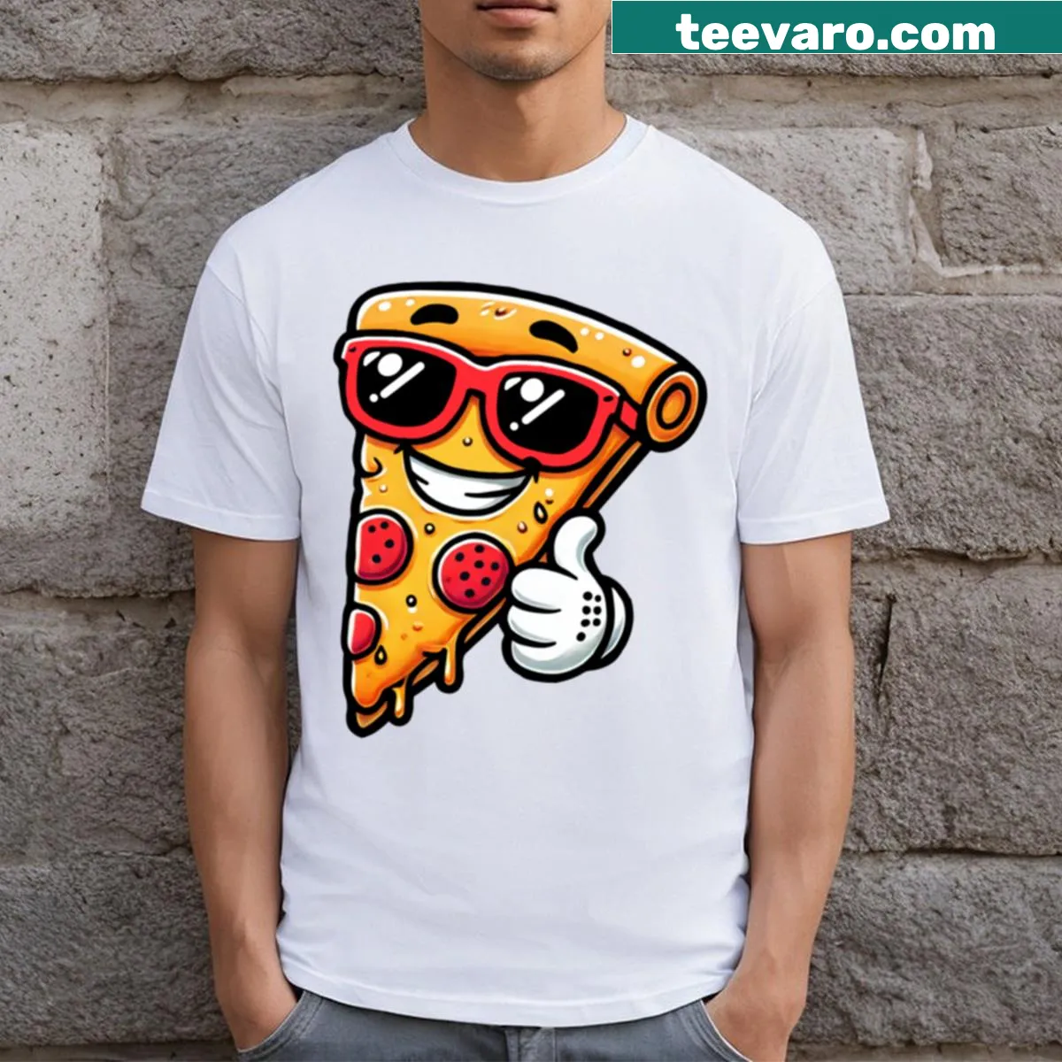 Cartoon T-shirt featuring a thumbs up pizza slice. — on a men's t-shirt