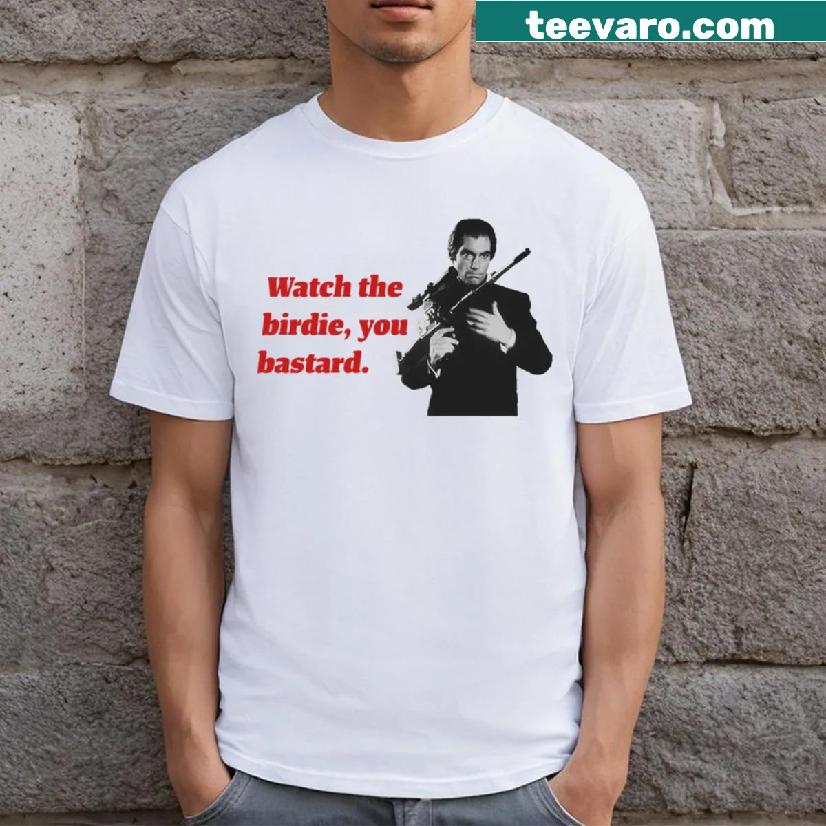 Graphic of Timothy Dalton as James Bond — on a men's t-shirt