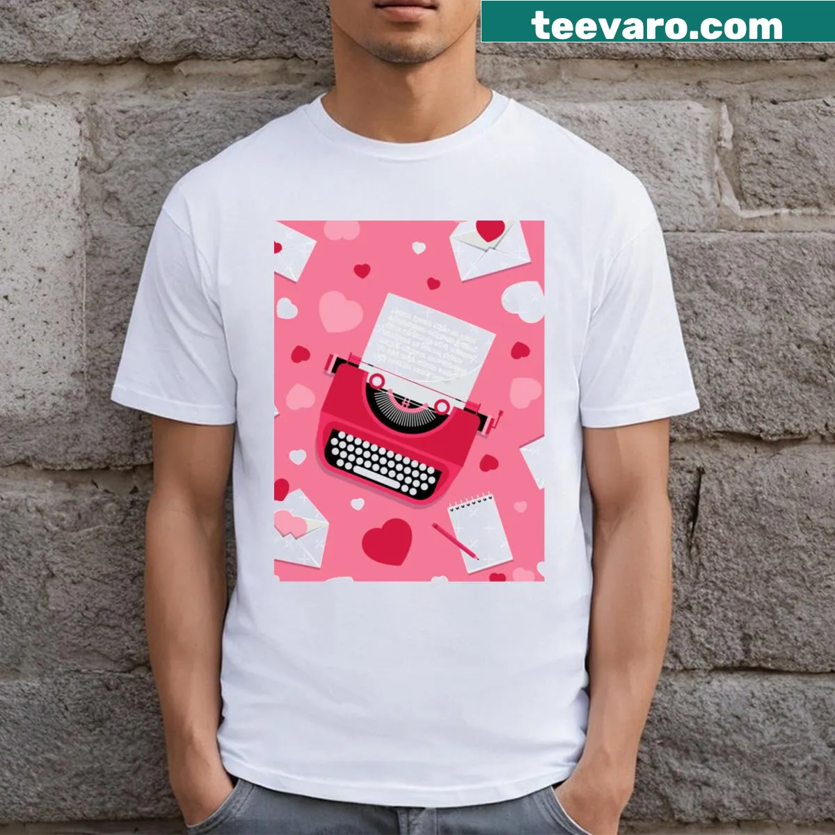 Typewriter design with hearts and 'Romance Love Letters' text — on a men's t-shirt
