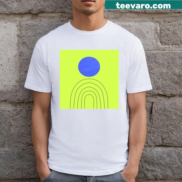 Abstract art T-shirt with blue circle and curved patterns