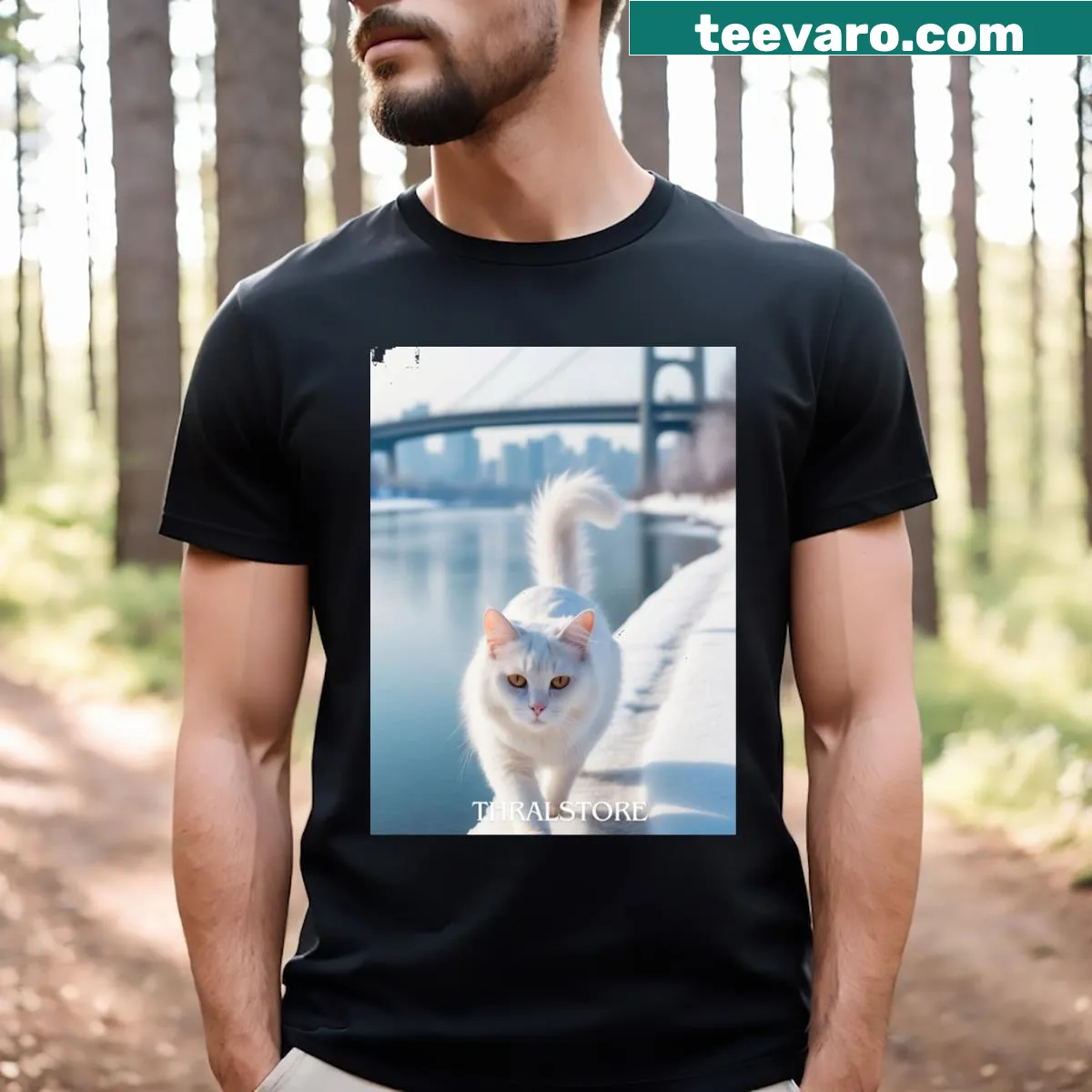 T-shirt featuring an adorable illustration of a white cat — on a men's t-shirt