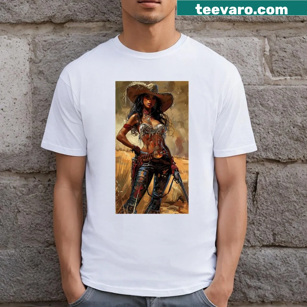 Desert landscape illustration t-shirt depicting Wild West beauty — on a men's t-shirt