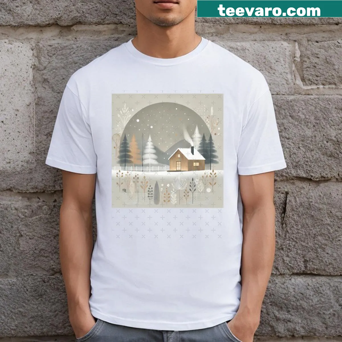 Minimalist winter landscape t-shirt with wooden cabin illustration — on a men's t-shirt