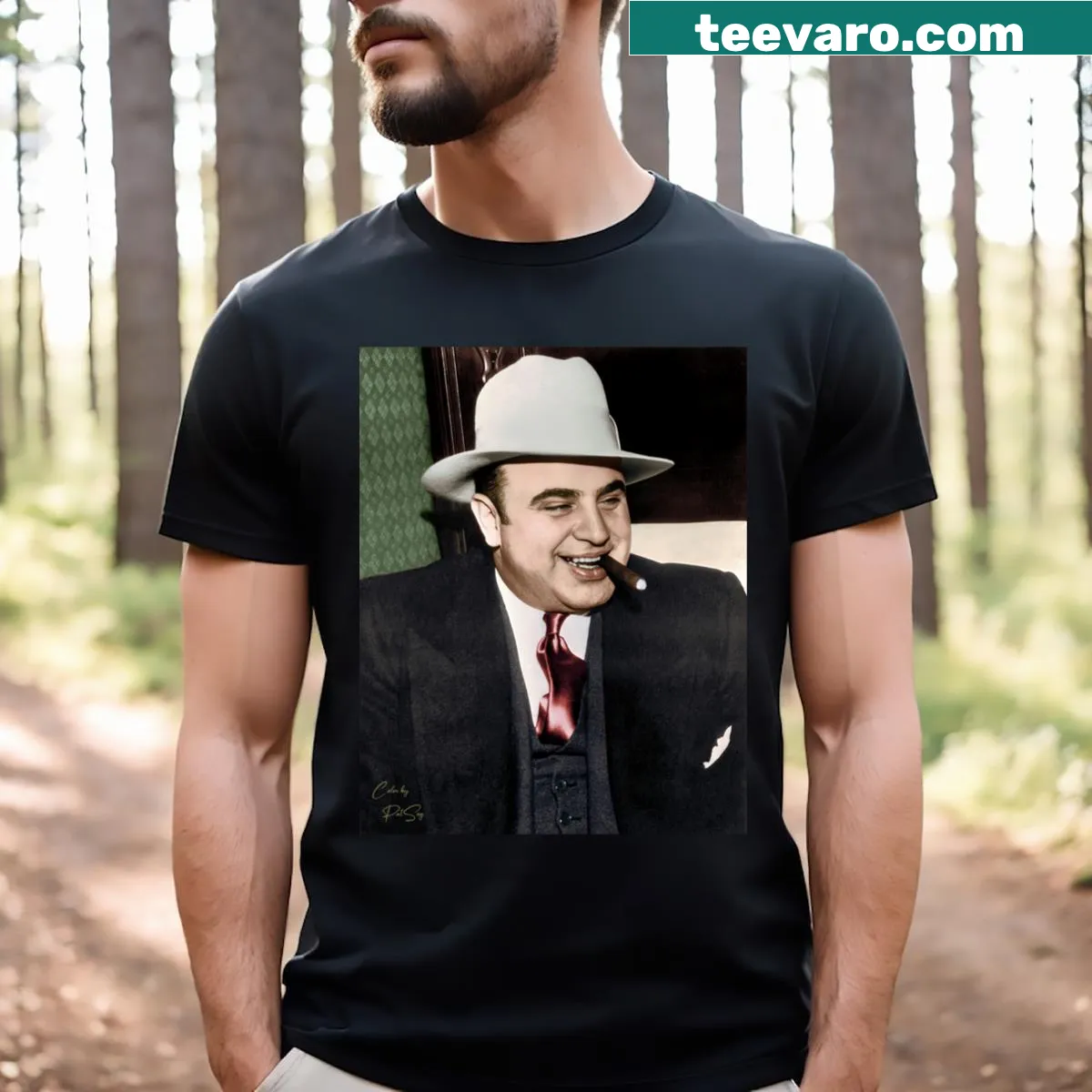 T-shirt featuring a stylized illustration of Al Capone — on a men's t-shirt