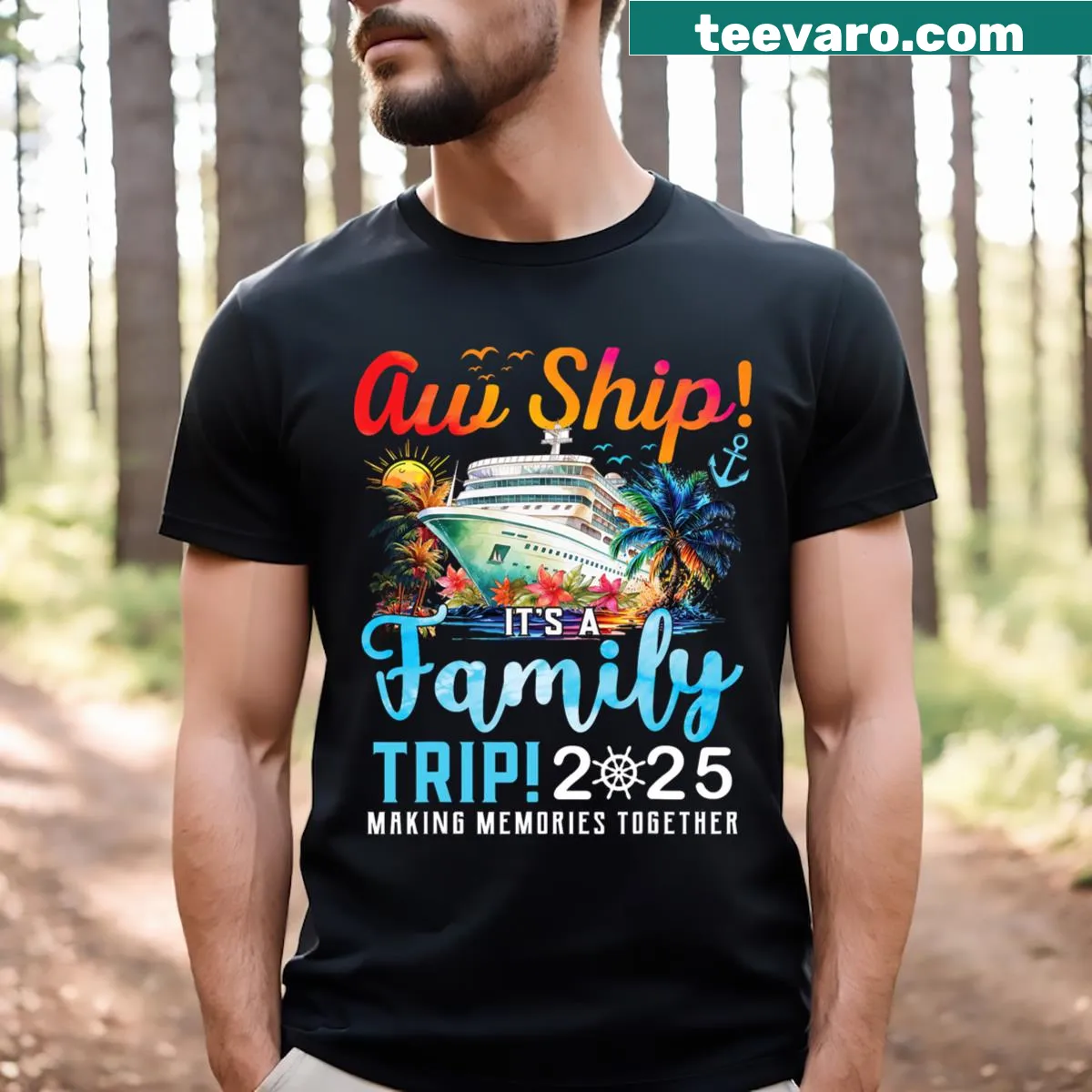 Family trip-themed T-shirt with ship graphic — on a men's t-shirt