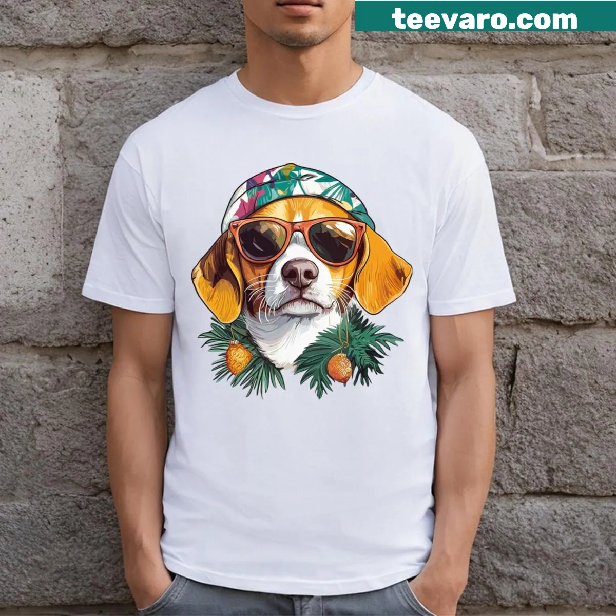 Cartoon beagle graphic t-shirt, beach-inspired for dog lovers — on a men's t-shirt