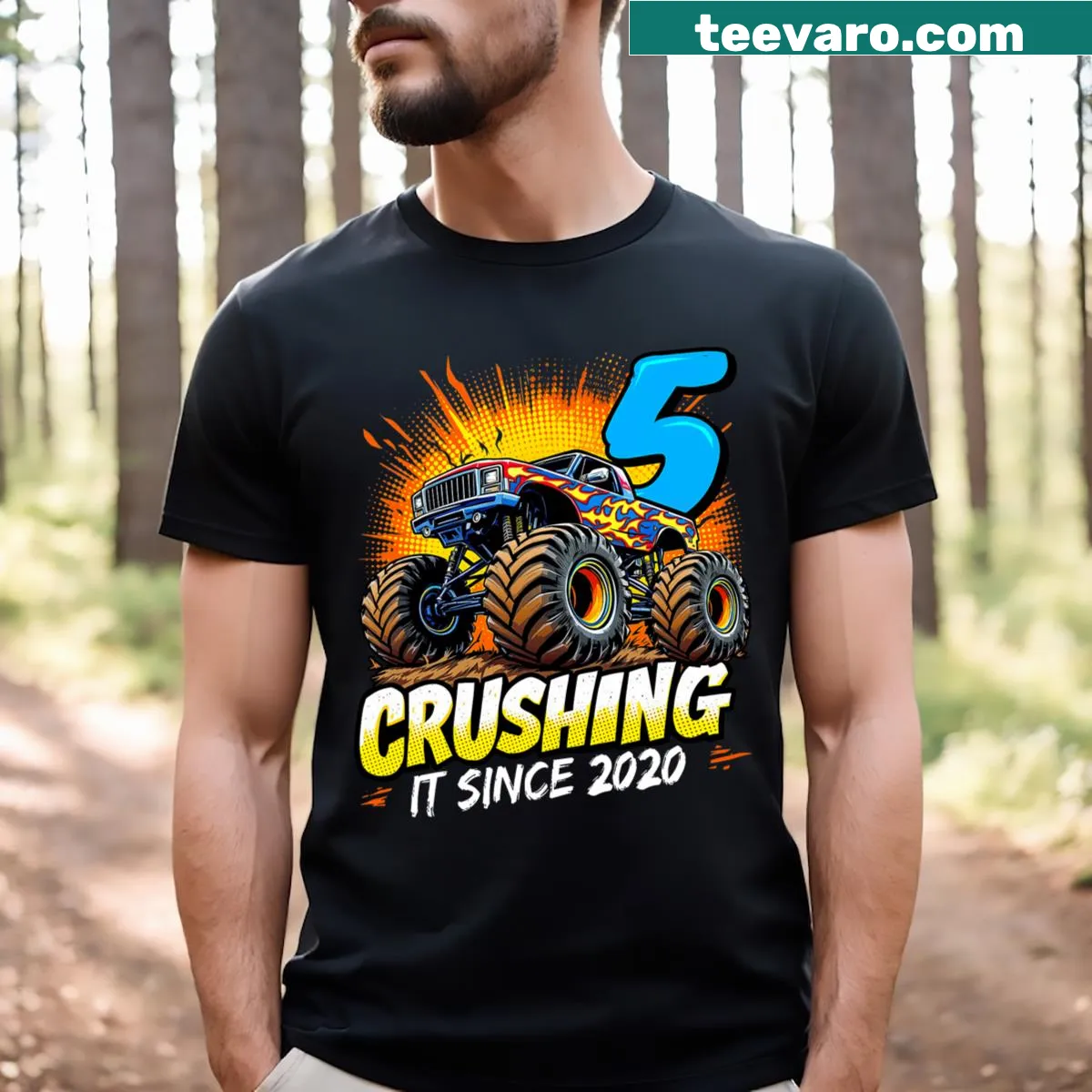 Illustrated monster truck graphic for a birthday 5-year-old boy's shirt — on a men's t-shirt