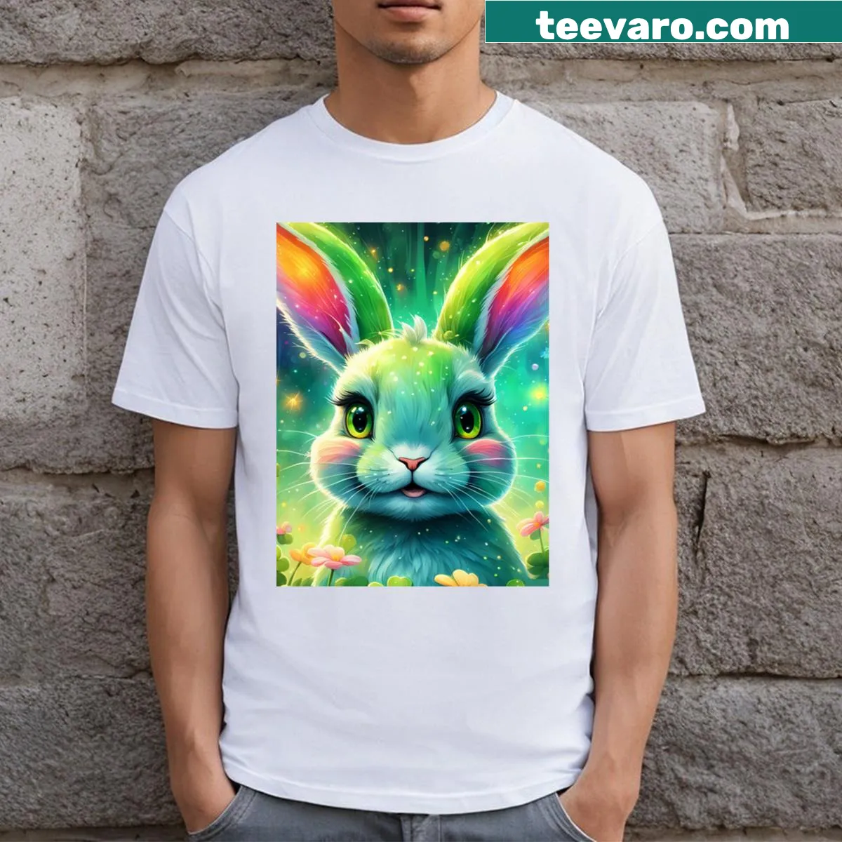 Cute bunny illustration on a playful Kawaii T-shirt — on a men's t-shirt