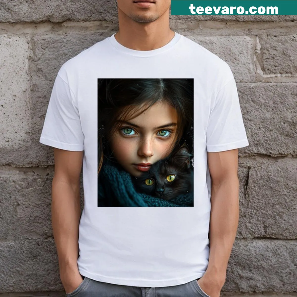 Heartwarming illustration of a girl and her cat on a T-shirt — on a men's t-shirt