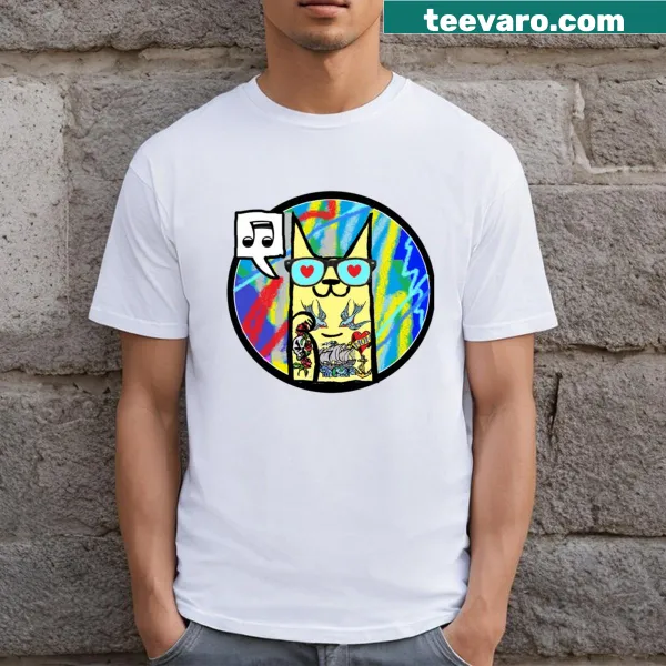 Illustration of a cat with musical notes on a t-shirt