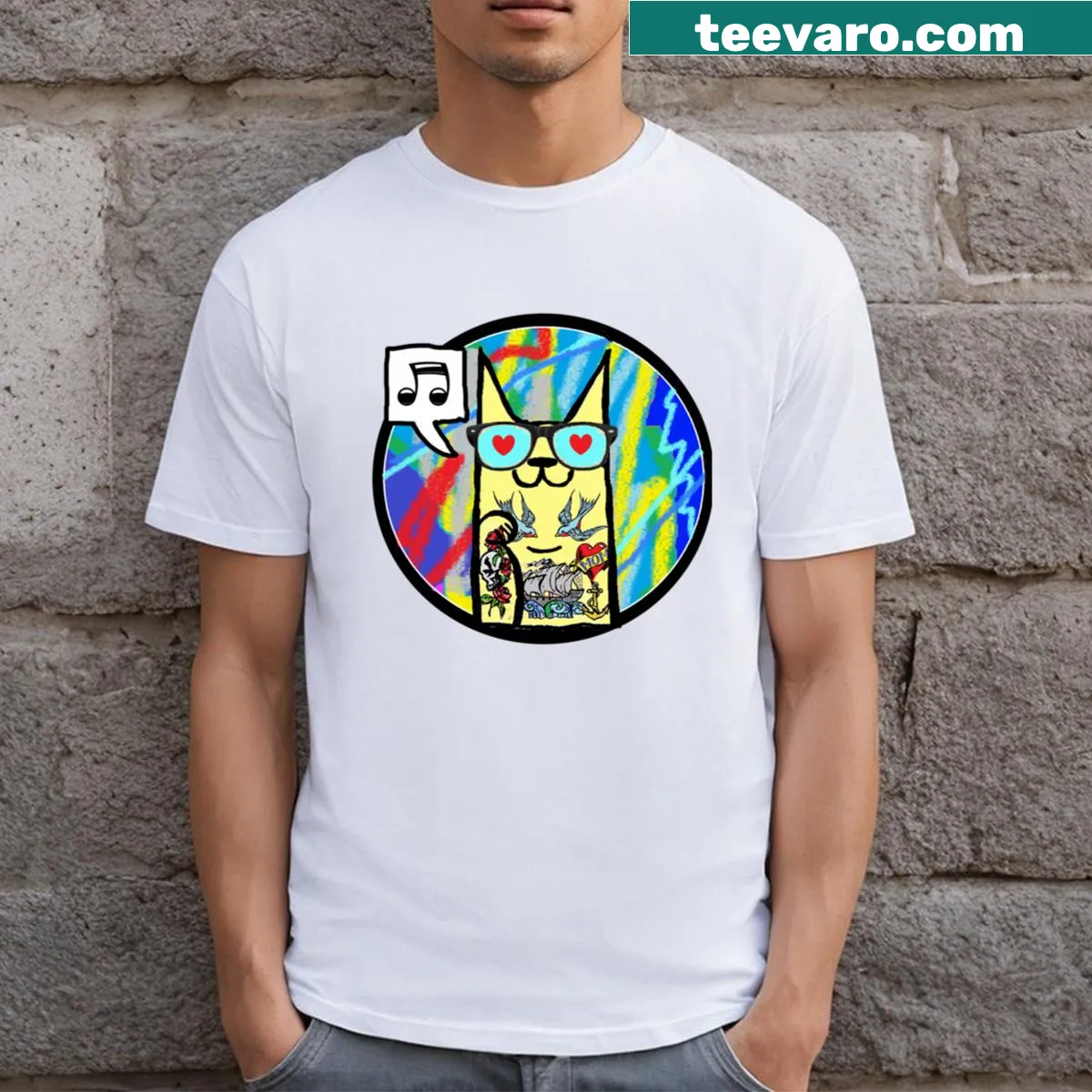 Illustration of a cat with musical notes on a t-shirt — on a men's t-shirt